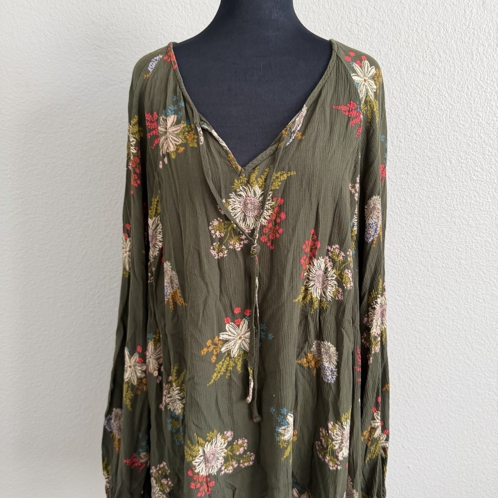 Floral Tie-Neck Olive Green Women's Tunic Top - Picture 6 of 9